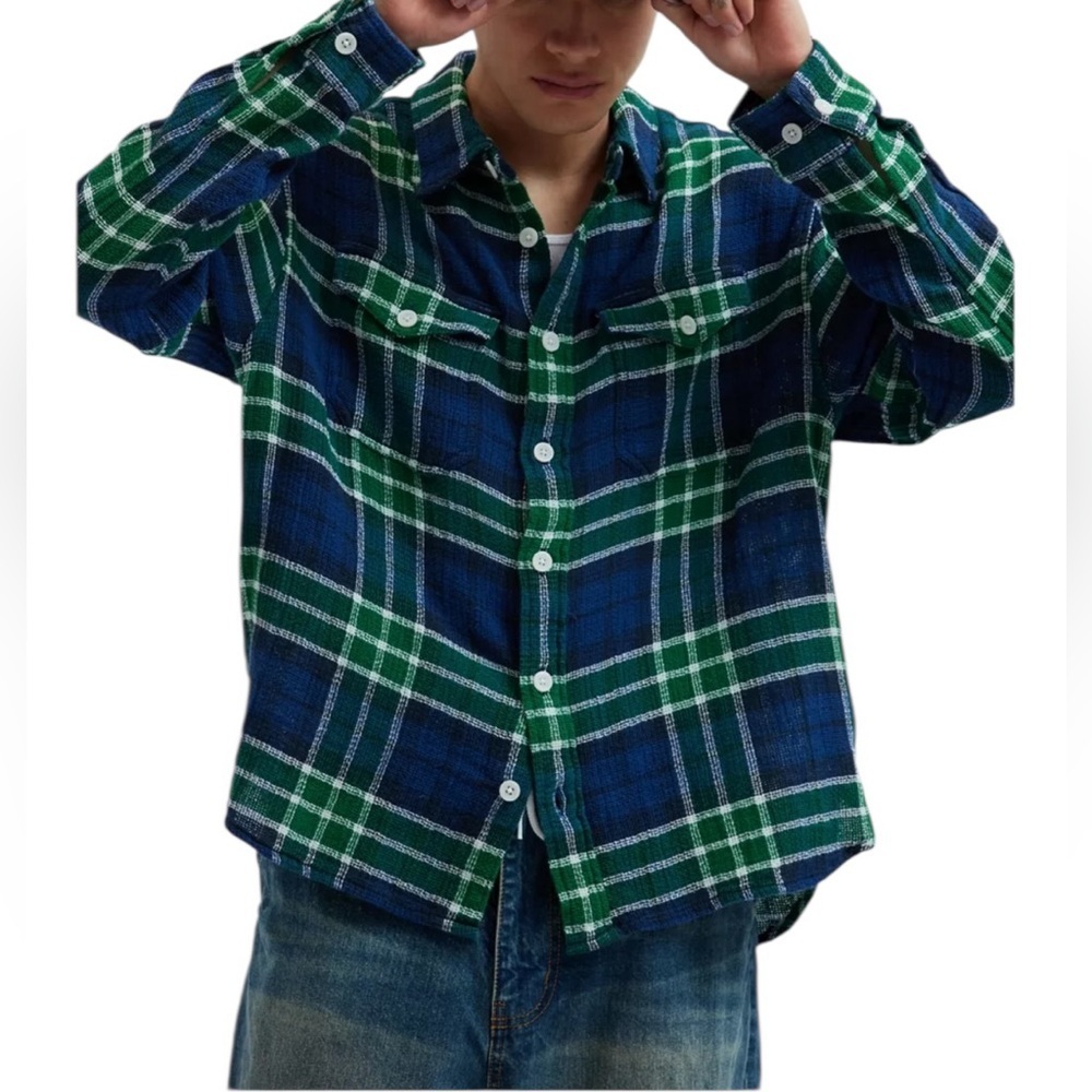 BDG Urban Outfitters Open Weave Plaid Button-Down Overshirt Large Skater Grunge